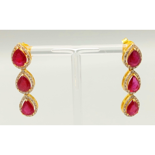 46 - A Pear-Cut Ruby Gemstone Tennis Necklace (42cm) with a Halo of Diamonds in a Pave Setting. Set in 92... 