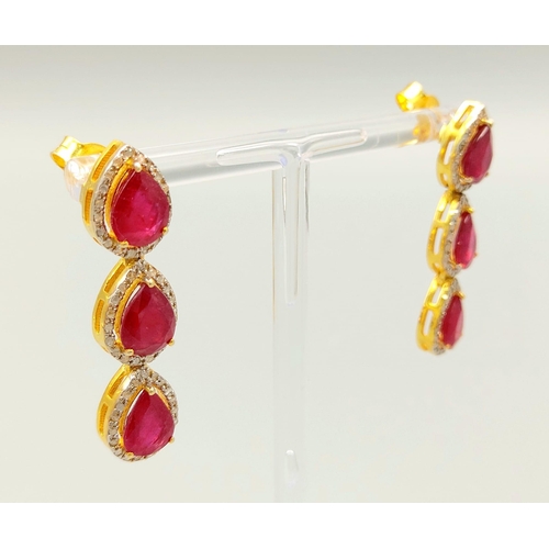 46 - A Pear-Cut Ruby Gemstone Tennis Necklace (42cm) with a Halo of Diamonds in a Pave Setting. Set in 92... 