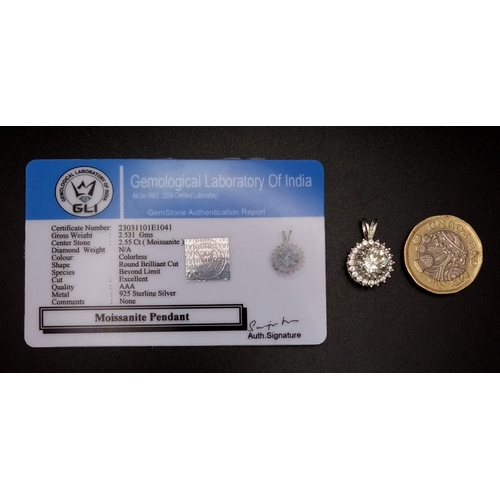 688 - A 2.55ct White Moissanite Pendant set in 925 Silver. Comes with a GLI certificate and disappearing s... 