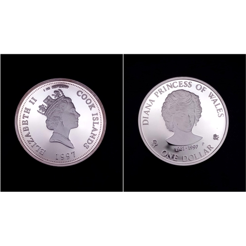 724 - A 999 Silver Cook Islands Proof One Dollar Coin - Commemorating  the death of Princess Diana. Comes ... 