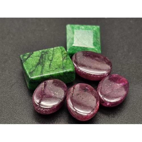 732 - A 71.80ct of 6pcs Ruby & Emeralds Gemstones, in Mixed Cabochon Shapes.