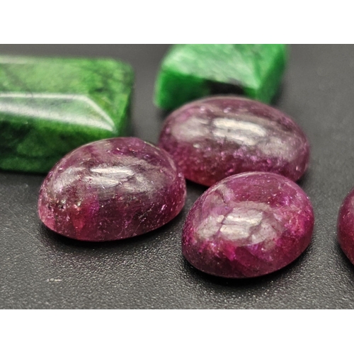 732 - A 71.80ct of 6pcs Ruby & Emeralds Gemstones, in Mixed Cabochon Shapes.