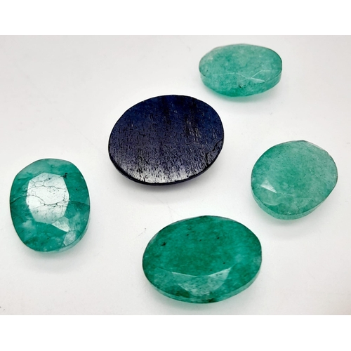 1142 - A 29.85ct of 5 pcs Natural Multi Stones, to include: Faceted Emeralds and Blue Sapphire. Oval mix Sh... 