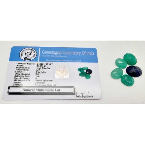 1142 - A 29.85ct of 5 pcs Natural Multi Stones, to include: Faceted Emeralds and Blue Sapphire. Oval mix Sh... 