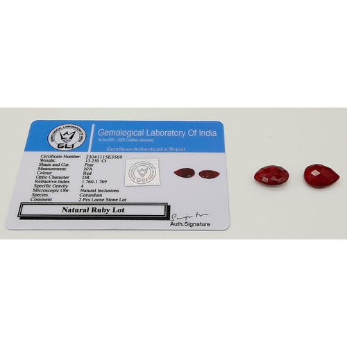 829 - A Pair of 13.25ct of Faceted Natural Ruby, in Pear Shapes. Comes with a GLI Certificate.