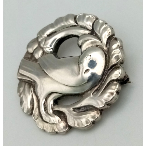 1224 - A 20th Century Excellent Condition Georg Jensen Sterling Silver Bird Wreath Brooch. Fully Stamped an... 