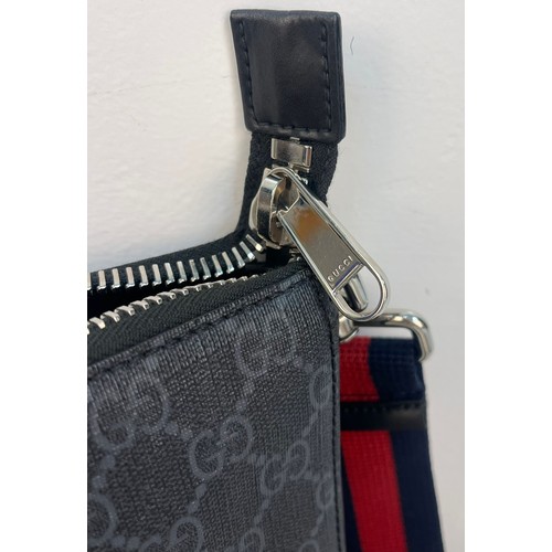 375 - A Gucci GG Black Medium Messenger Bag. Black/Grey supreme monogram canvas. Blue and red web strap. P... 