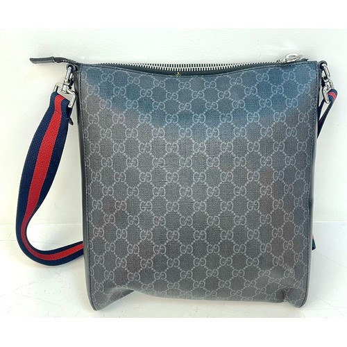 375 - A Gucci GG Black Medium Messenger Bag. Black/Grey supreme monogram canvas. Blue and red web strap. P... 