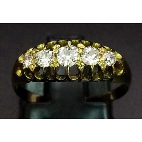 1018 - A Bright Antique Five Stone Diamond Ring in High Karat Gold. Size M. 2.2g total weight.