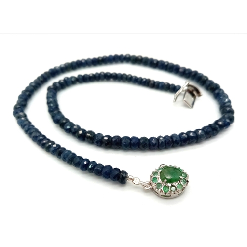 1293 - A 925 Silver, 202ct Faceted Blue Sapphire Single Strand Necklace with Emerald Clasp. 48cm.