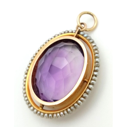 219 - A Large 19th Century Oval Amethyst and Pearl Pendant. 3.5cm. 6.87g total weight.