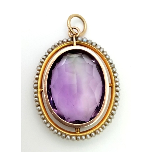 219 - A Large 19th Century Oval Amethyst and Pearl Pendant. 3.5cm. 6.87g total weight.