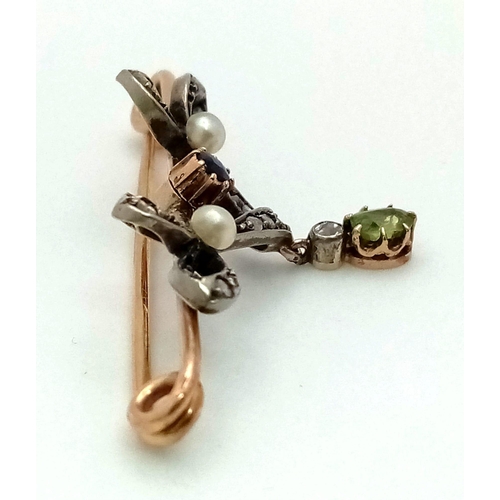 324 - A Superb Double Bow Sapphire Diamond and Pearl Brooch with a Demontoid Garnet and Diamond Drop set i... 