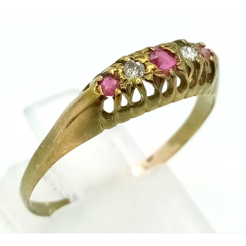 547 - A Victorian Ruby and Diamond Five Stone Ring set in High-Karat Gold. Size T. 1.72g total weight.