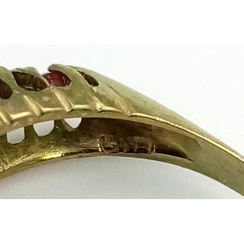 547 - A Victorian Ruby and Diamond Five Stone Ring set in High-Karat Gold. Size T. 1.72g total weight.