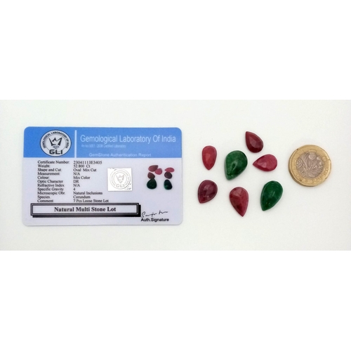 711 - A 52.80ct of Natural Multi Stone Lot, to include: 7 pcs of Faceted Ruby and Cabochon Emeralds. Pear ... 