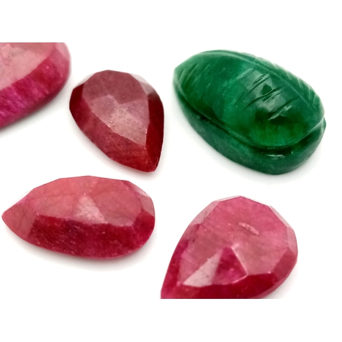 711 - A 52.80ct of Natural Multi Stone Lot, to include: 7 pcs of Faceted Ruby and Cabochon Emeralds. Pear ... 