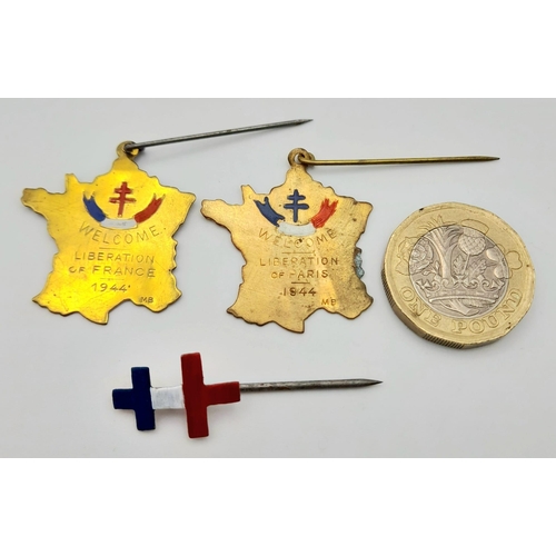 824 - 3 x WW2 French Liberation Pins given to all that took part. Pin 1 Free French, Pin 2 Liberation of P... 