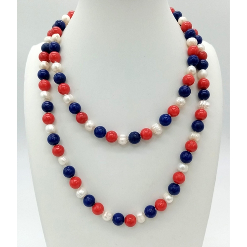 888 - A Lapis Lazuli, Red Coral and Freshwater Pearl Matinee Length Necklace. 82cm. 8mm beads. Pearls - 6/... 