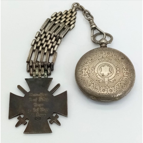 645 - WW1 Imperial German Bavarian Soldiers Fine Silver Pocket Watch with a silver-plated fob that has a W... 