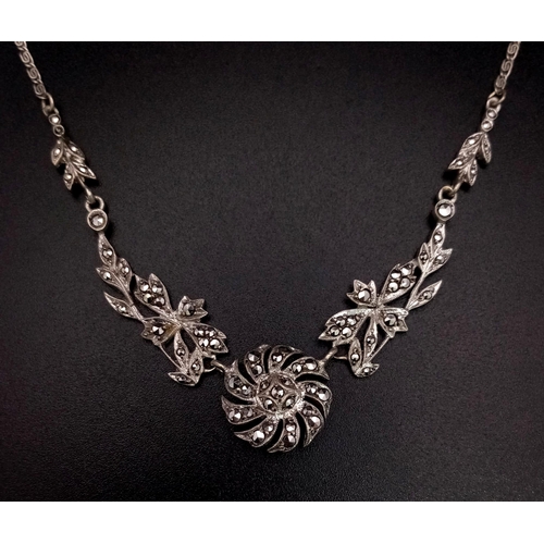 797 - A Very Good Condition Vintage or Older Greek Style Marcasite Set Silver Necklace 43cm Length. 9.81 G... 