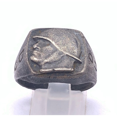 856 - WW2 Italian Fascist Silver Mussolini Head Ring.