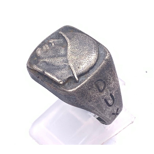 856 - WW2 Italian Fascist Silver Mussolini Head Ring.