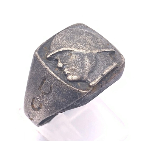 856 - WW2 Italian Fascist Silver Mussolini Head Ring.