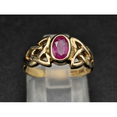 1197 - 9K YELLOW GOLD RUBY SET RING. TOTAL WEIGHT 2.66G.  SIZE I