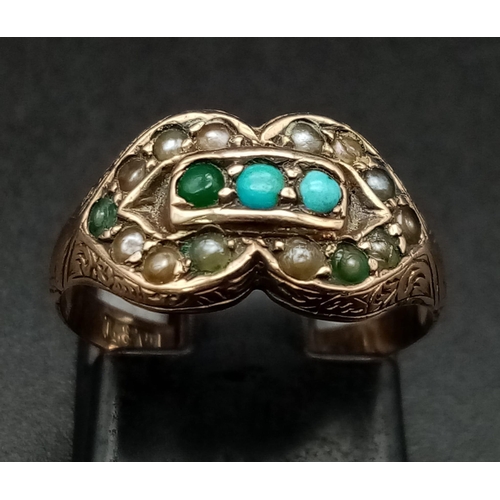 1032 - 9K YELLOW GOLD ANTIQUE TURQUISE & SEED PEARL RING HALLMARKED 1898 BIRMINGHAM, TOTAL WEIGHT 1.84G,  S... 