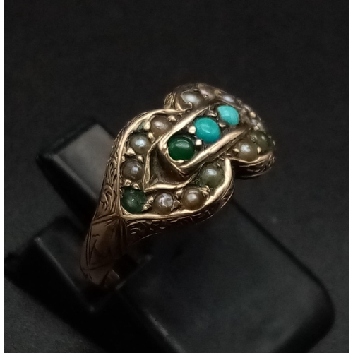 1032 - 9K YELLOW GOLD ANTIQUE TURQUISE & SEED PEARL RING HALLMARKED 1898 BIRMINGHAM, TOTAL WEIGHT 1.84G,  S... 