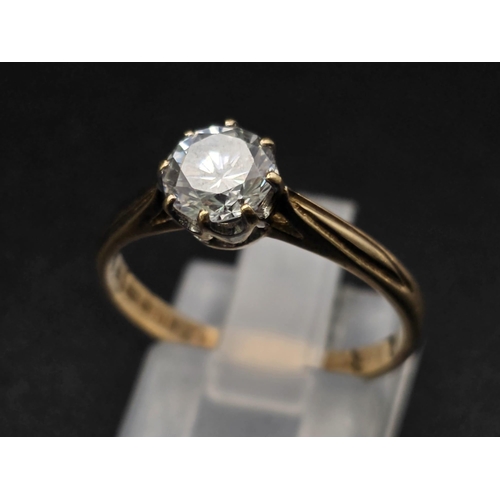 1053 - 9k yellow gold cubic zirconia solitaire ring 2.3g size O (equivalent dia:0.75ct)