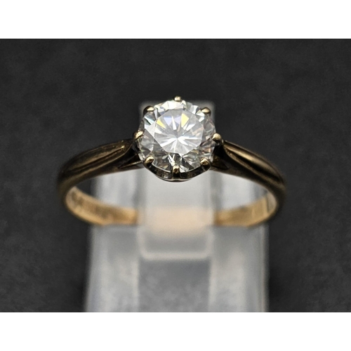 1053 - 9k yellow gold cubic zirconia solitaire ring 2.3g size O (equivalent dia:0.75ct)