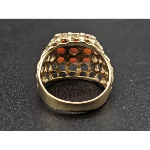 1290 - 9k yellow gold coral set filigree ring 4g size J1/2