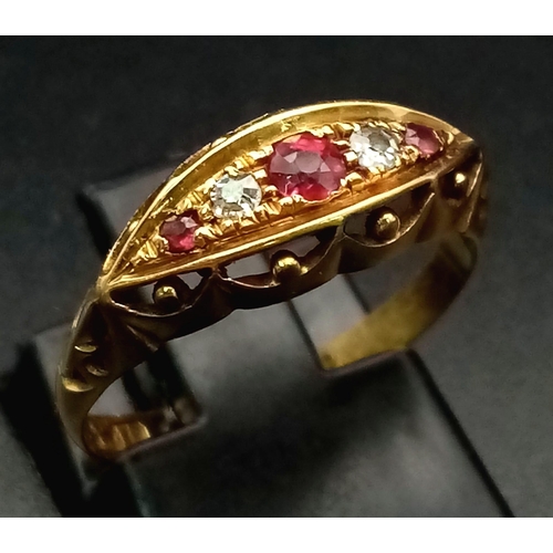 1078 - AN ANTIQUE 18K YELLOW GOLD DIAMOND & RUBY 5 STONE RING. HALLMARKED BIRMINGHAM 1915. 1.9G TOTAL WEIGH... 