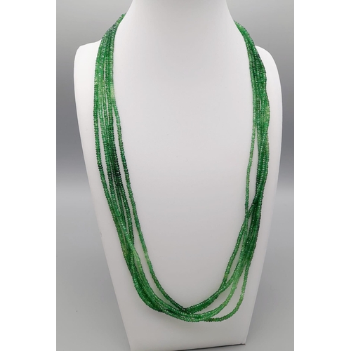 1119 - 5 STRAND GREEN GARNET NECKLACE, 42.4G TOTAL WEIGHT.