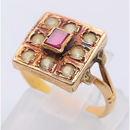 194 - A vintage 18 K rose gold ring with a ruby and eight old cut yellow sapphires. Ring size: J, weight: ... 