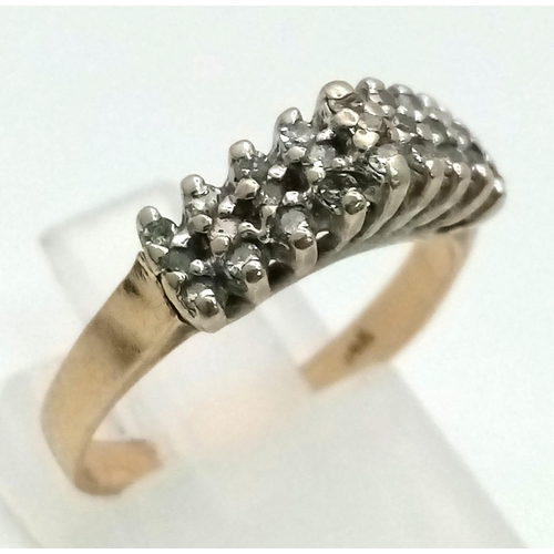 222 - 14K YELLOW GOLD DIAMOND 3 ROW PYRAMID RING. TOTAL WEIGHT 2.9G. SIZE L