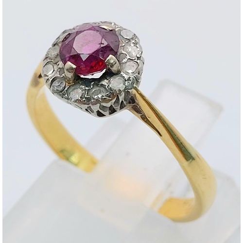 236 - An 18 K yellow gold ring with a round cut ruby surrounded by a halo of diamonds. Ring size: K, weigh... 