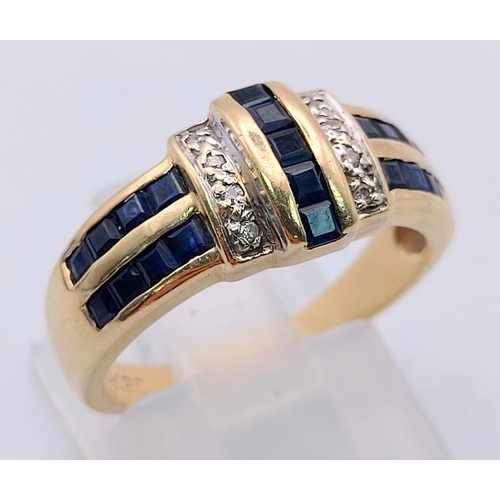 265 - An 18 K yellow gold ring with blue sapphires and diamonds. Ring size: m, weight: 3.7 g.