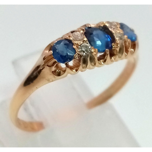 286 - 18K YELLOW GOLD ANTIQUE DIAMOND & SAPPHIRE RING.  HALLMARKED CHESHIRE 1907. TOTAL WEIGHT 2.5G SIZE O