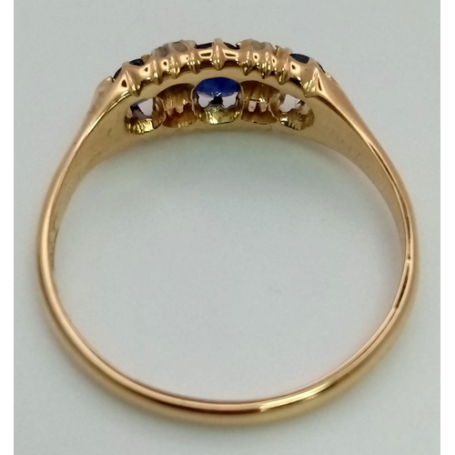 286 - 18K YELLOW GOLD ANTIQUE DIAMOND & SAPPHIRE RING.  HALLMARKED CHESHIRE 1907. TOTAL WEIGHT 2.5G SIZE O