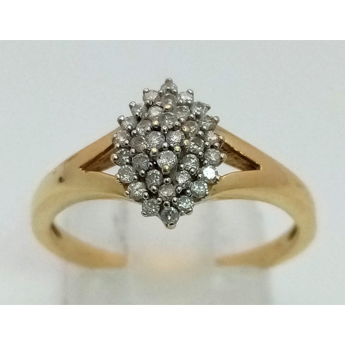 293 - 18K YELLOW GOLD DIAMOND CLUSTER RING. 0.20CT DIAMOND. TOTAL WEIGHT 2.9G SIZE O