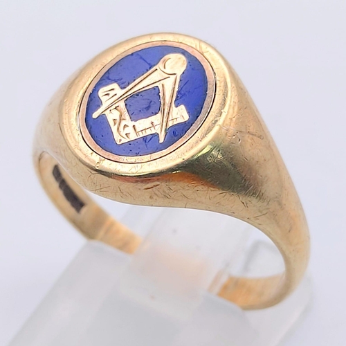 517 - 9K YELLOW GOLD MASONIC SWIVEL SIGNET RING, PLAIN ON ONE SIDE. TOTAL WEIGHT 4.8G SIZE S