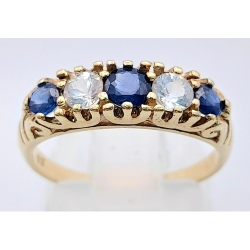 586 - 9K YELLOW GOLD VINTAGE BLUE & WHITE SAPPHIRE RING. TOTAL WEIGHT 2.6G SIZE N