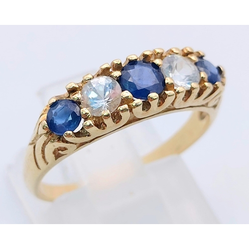 586 - 9K YELLOW GOLD VINTAGE BLUE & WHITE SAPPHIRE RING. TOTAL WEIGHT 2.6G SIZE N