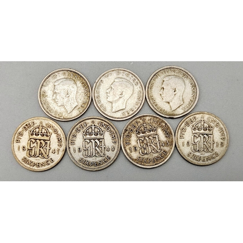 663 - A Rare Full Set of 7 Fine Condition WW2 Silver Six Penny Coins 1939-1945. Inclusive (500 silver cont... 