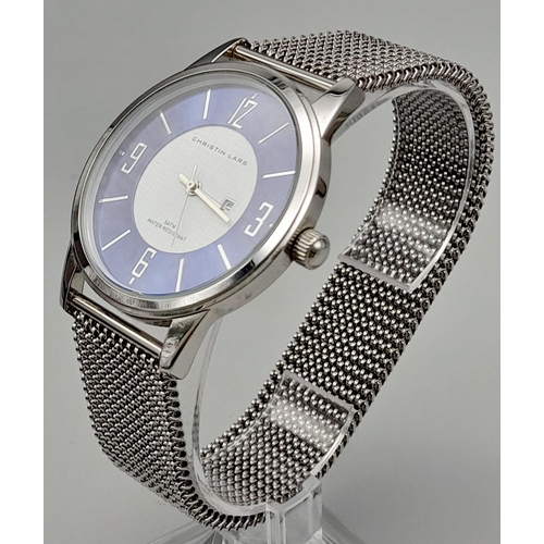 774 - Ex Display Christin Lars Stainless Steel Date Quartz Watch. Blue and White Dial, Expanding Strap, 42... 