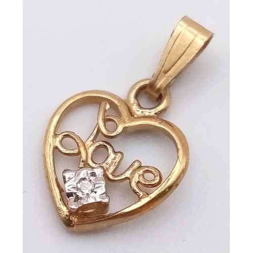 861 - 9K YELLOW GOLD DIAMOND SET HEART LOVE CHARM / PENDANT 0.4G