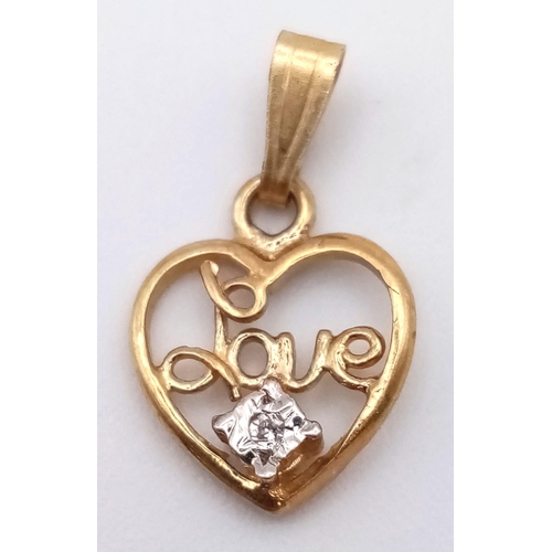 861 - 9K YELLOW GOLD DIAMOND SET HEART LOVE CHARM / PENDANT 0.4G